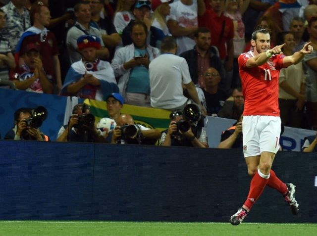 Wales' forward Gareth Bale celebrates scoring the team's third goal on June 20, 2016