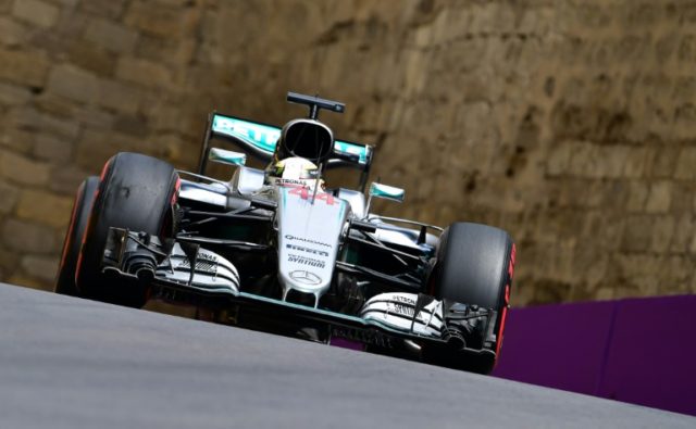 Lewis Hamilton races at the Baku City Circuit, on June 17, 2016 in the first practice ses