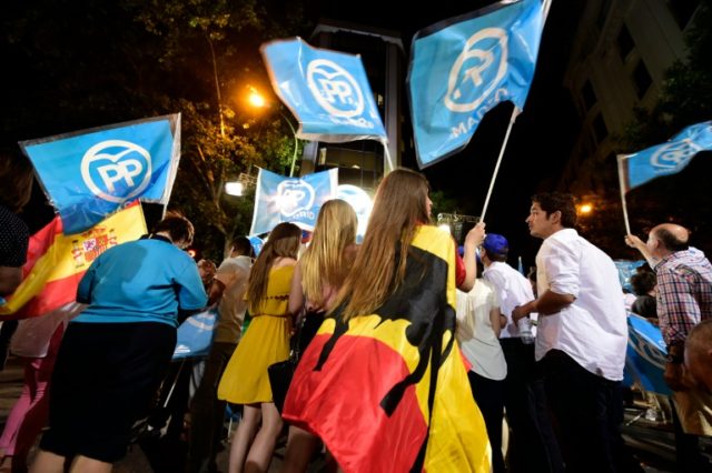 Supporters of the Popular Party (PP) hold flags as they wait outside the PP headquarters d