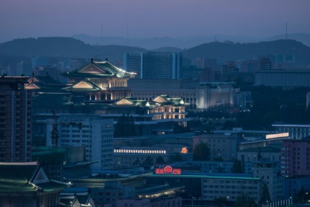The Grand People's Study House and the Pyongyang city skyline, seen from the Yanggakdo hot
