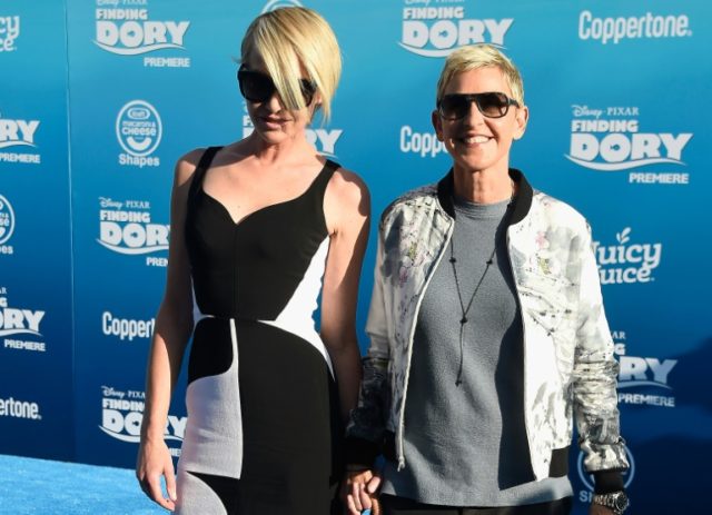 Actress Portia de Rossi (L) and actress Ellen DeGeneres attend the world premiere of Disne
