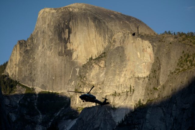 Marine One -- carrying the US first family -- flies past 'Half Dome' at the Yosemite Natio