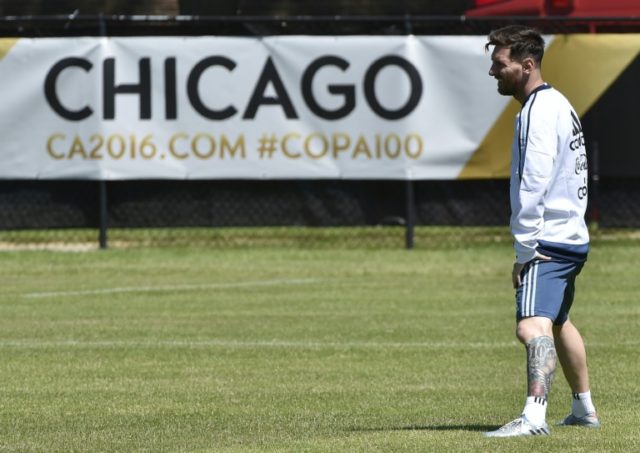 Lionel Messi of Argentina is seen at the begining of the training session on June 8, 2016