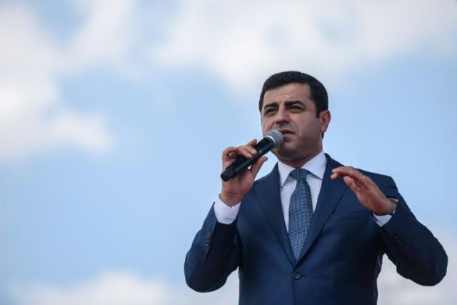 Co-leader of pro-Kurdish Peoples' Democratic Party Selahattin Demirtas delivers a speech o