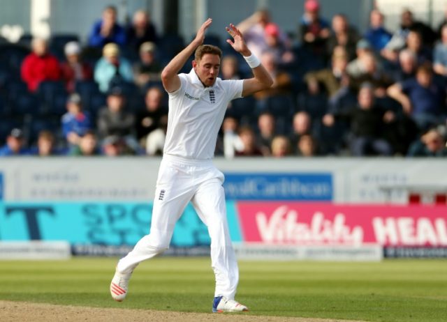 England's Stuart Broad reacts on the third day of the second test cricket match between En