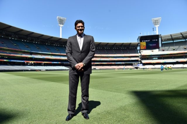 Former Indian captain Anil Kumble poses for pictures as he is inducted into the ICC Cricke