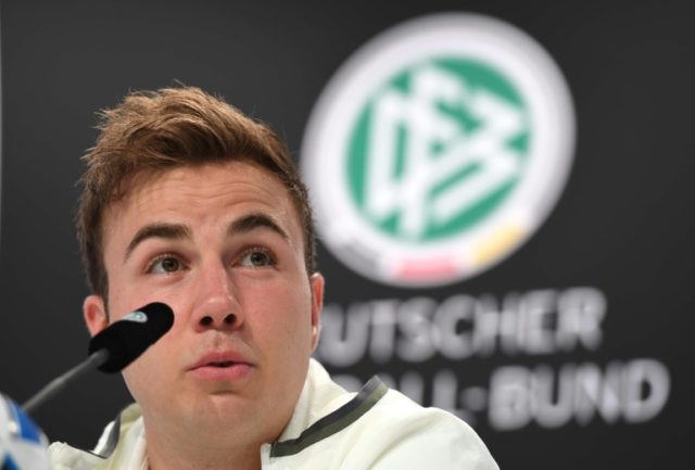 Germany's Mario Goetze answers questions during a press conference in Evian-les-Bains, eas