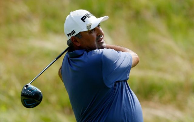 Angel Cabrera of Argentina plays a shot during a practice round prior to the US Open at Oa