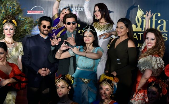 Indian actors Anil Kapoor (2nd L), Hrithik Roshan (3rd L) and Sonakshi Sinha (2nd R) pose