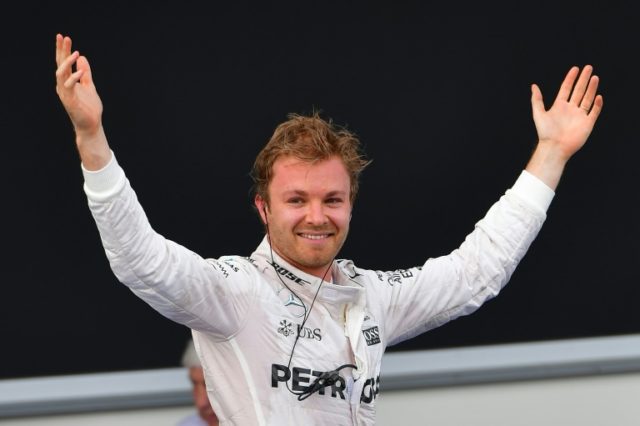 Mercedes driver Nico Rosberg celebrates after winning the European Formula One Grand Prix