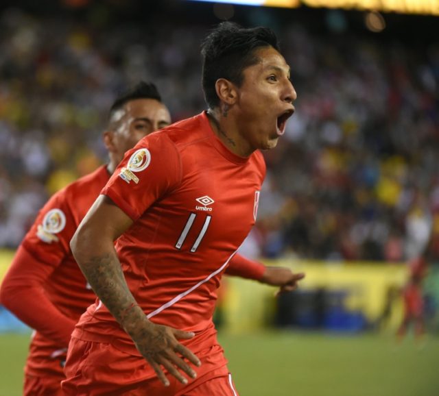 Peru's Raul Ruidiaz celebrates after scoring the winning goal against Brazil during their
