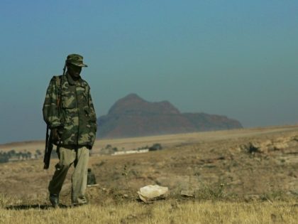 An Ethiopian soldier patrols near the Eritrean border in the northern town of Zala Anbesa