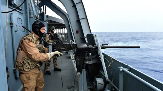 Sailors of the German navy frigate ship Werra make a fire-self-defence practice in the Med