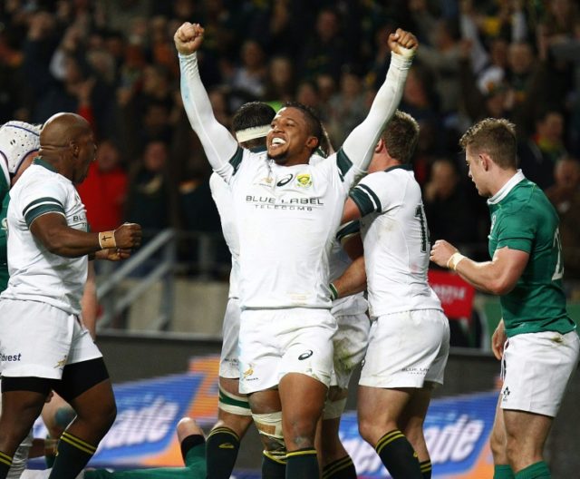 Elton Jantjies of the Springboks celebrates after South Africa won the third and last rugb