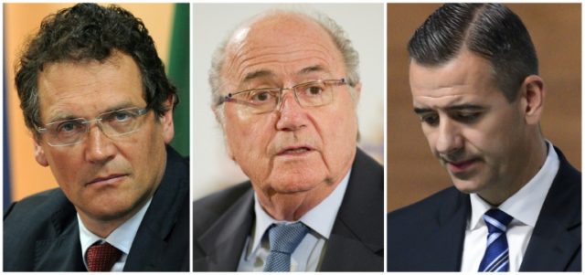 This combination of file pictures shows (L-R) Jerome Valcke, Joseph S. Blatter and Markus
