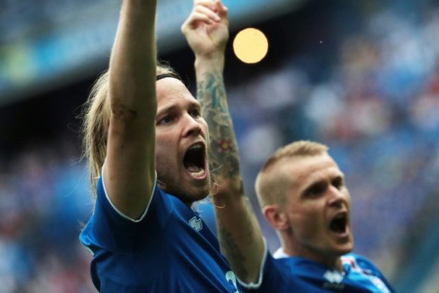 Iceland's Birkir Bjarnason celebrates during their Euro 2016 Group F match against Austria
