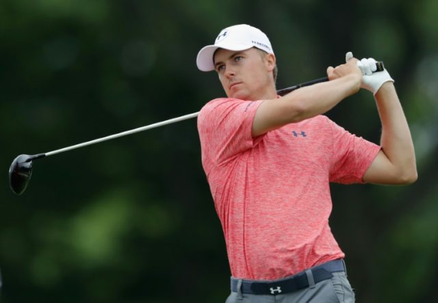 Jordan Spieth of the United States hits his tee shot on the fifth hole during the continua