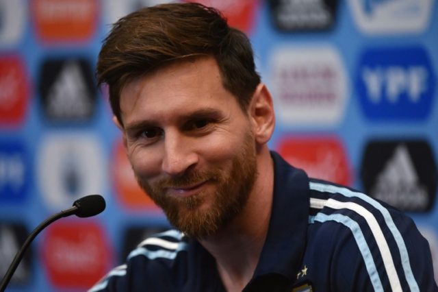 Argentina's national team player Lionel Messi adresses a press conference in East Rutherfo