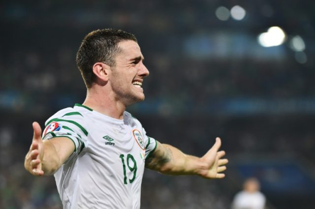 Ireland's midfielder Robert Brady celebrates scoring a goal during the Euro 2016 match bet