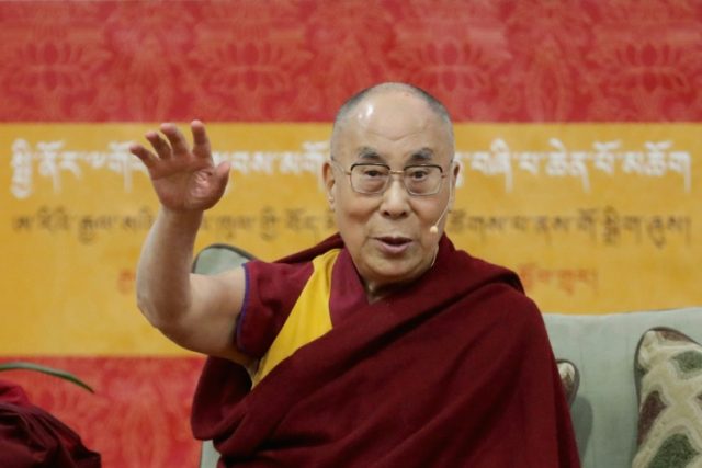 The Dalai Lama addresses followers and supporters on the campus of American University on