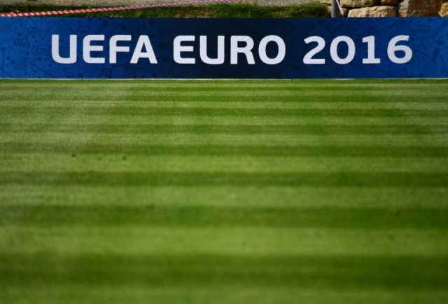 A banner reading 'UEFA EURO 2016' is pictured during a training session at the local stadi
