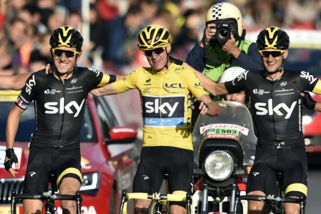 Christopher Froome (centre) with Sky team mates Geraint Thomas (left) and Wouter Poels (ri