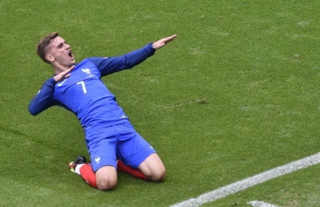 France forward Antoine Griezmann celebrates scoring during the Euro 2016 round of 16 match