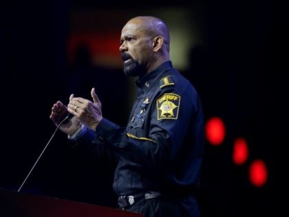 Sheriff David Clarke, Jr., of Milwaukee County, Wisc., speaks at the National Rifle Association convention Friday, May 20, 2016, in Louisville, Ky