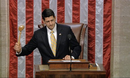 In this image from video provided by House Television, House Speaker Paul Ryan gavels the House into session Wednesday night, June 22, 2016, in Washington. Rebellious Democrats staged an extraordinary all-day sit-in on the House floor to demand votes on gun-control bills, shouting down Ryan when he attempted to restore …