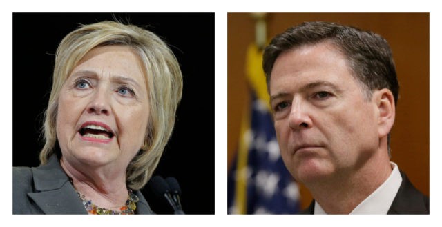 FILE -In this file photo combo, Democratic presidential candidate Hillary Clinton, left, and FBI Director James. Comey. (AP Photo/File)