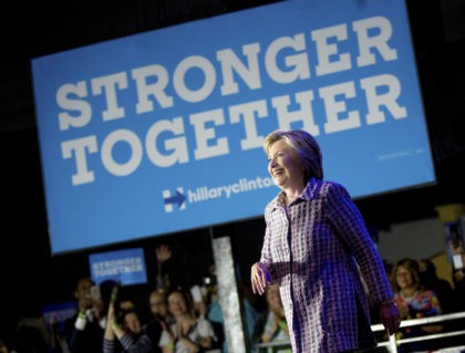 Democratic presidential candidate Hillary Clinton arrives to speak to volunteers at a Demo