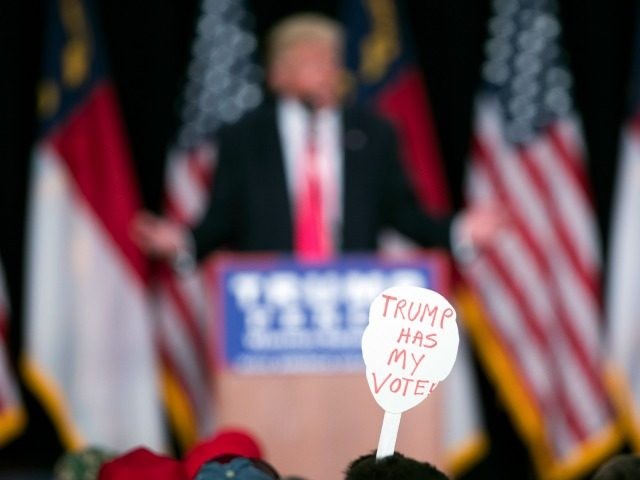 A supporter of Republican presidential candidate Donald Trump holds a sign during a campaign rally, Monday, July 25, 2016, in Winston-Salem, N.C. (