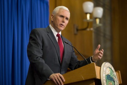 INDIANAPOLIS, IN - MARCH 31: Indiana Gov. Mike Pence speaks during a press conference Marc