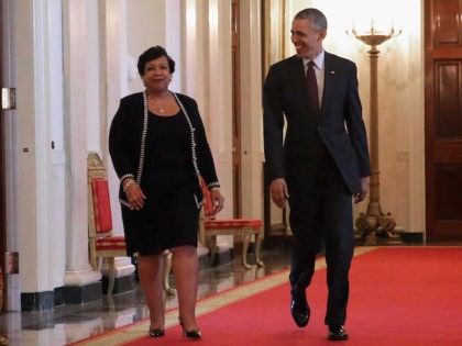 WASHINGTON, DC - MAY 16: U.S. President Barack Obama (R) and Attorney General Loretta Lynch arrive for the Public Safety Office Medal of Valor ceremony in the East Room of the White House May 16, 2016 in Washington, DC. According to the White House, the medal 'is the highest national …