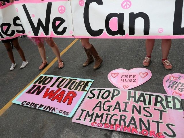 Members of the activist group Code Pink demonstrate near the site of the Republican National Convention on July 18, 2016 in Cleveland, Ohio. Protestors are staging demonstrations outside of the Republican National Convention which starts on Monday July 18 and runs through July 21. (Photo by