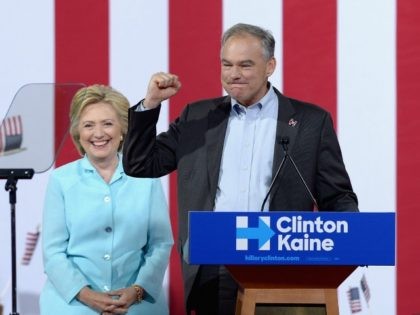 Democratic presidential candidate former Secretary of State Hillary Clinton and Democratic vice presidential candidate U.S. Sen. Tim Kaine (D-VA) attend together a campaign rally at Florida International University Panther Arena on July 23, 2016 in Miami, Florida. Hillary Clinton and Tim Kaine made their first public appearance together a day …