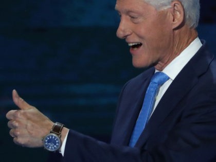 PHILADELPHIA, PA - JULY 26: Former US President Bill Clinton gives a thumbs up as he arrives on stage to deliver remarks on the second day of the Democratic National Convention at the Wells Fargo Center, July 26, 2016 in Philadelphia, Pennsylvania. Democratic presidential candidate Hillary Clinton received the number …