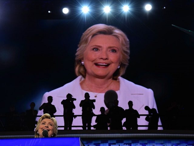 Democratic presidential nominee Hillary Clinton addresses delegates on the fourth and final night of the Democratic National Convention at Wells Fargo Center on July 28, 2016 in Philadelphia, Pennsylvania. / AFP / Robyn BECK (Photo credit should read ROBYN BECK/AFP/Getty Images)