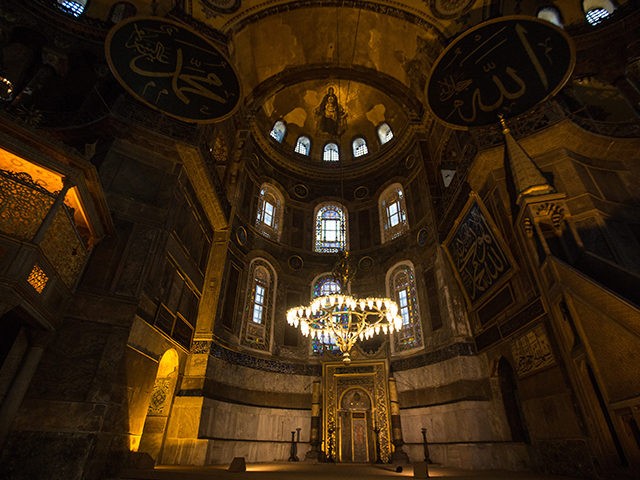 The interior of the Hagia Sophia's dome showing the Madonna and Child in the center. The Islamic panels were added centuries later after the Muslim conquest of the city. (Photo by Chris McGrath/Getty Images)