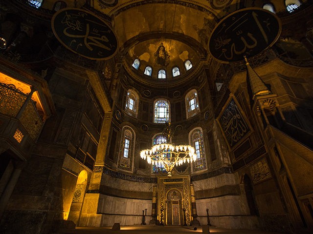 The interior of the Hagia Sophia's dome showing the Madonna and Child in the center.