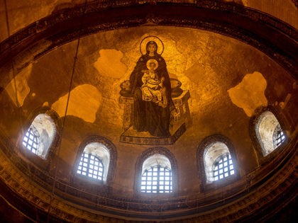 The ceiling of one of the dome's inside the Hagia Sophia depicting the Madonna and Ch