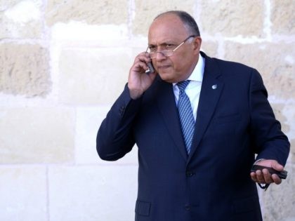 Egyptian Foreign Minister Sameh Shoukry speaks on the phone after the second working sessi
