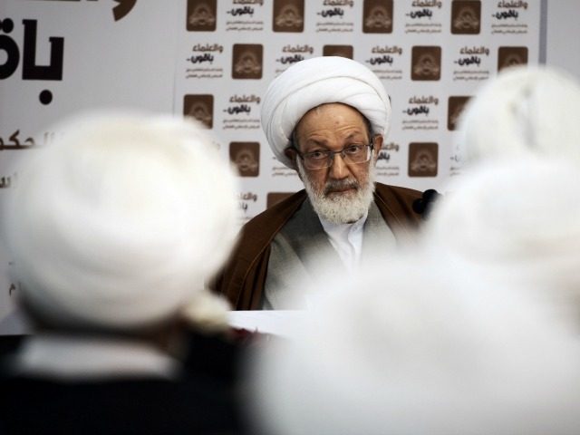 Bahraini top senior Shiite cleric, Sheikh Isa Qassim speaks during a protest against the c