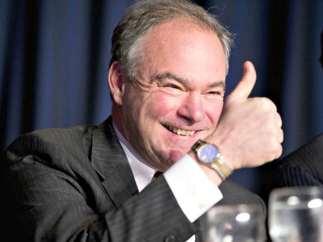 FILE - In this Feb. 4, 2016, file photo, Sen. Tim Kaine, D-Va., gives a 'thumbs-up&#0