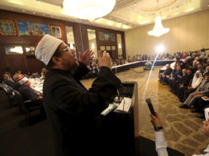 Awqaf Minister Mohamed Mokhtar Gomaa speaks during a conference held by the Awqaf (Religio