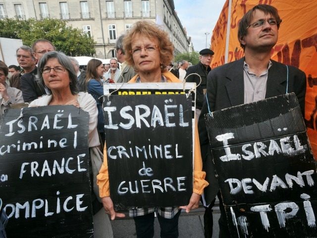 Three people hold anti-Israeli placards in the French western city of Nantes on May 31, 20