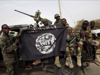 Nigerien soldiers hold up a Boko Haram flag that they had seized in the recently retaken t