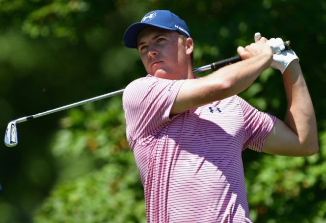 Jordan Spieth of the United States hits a tee shot during a practice round prior to the 20