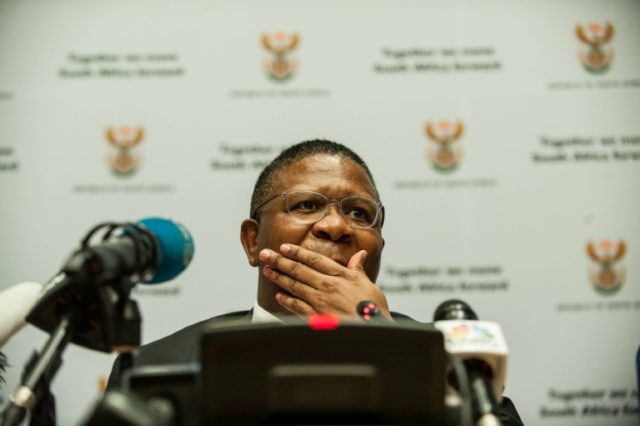South African Sport Minister Fikile Mbalula gestures as he helds a press conference addres