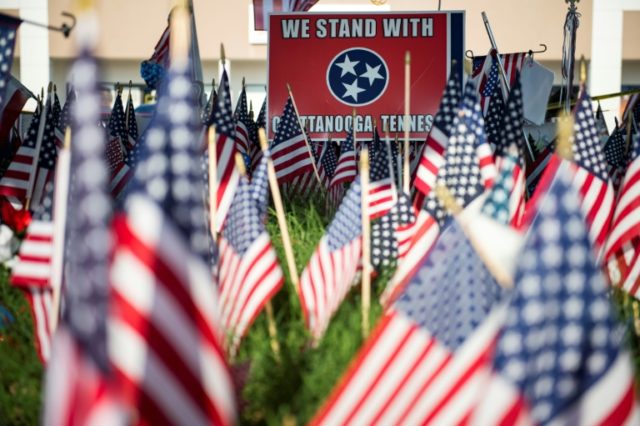 A memorial outside of the Armed Forces Recruiting Center in Chattanooga, Tennessee, seen o